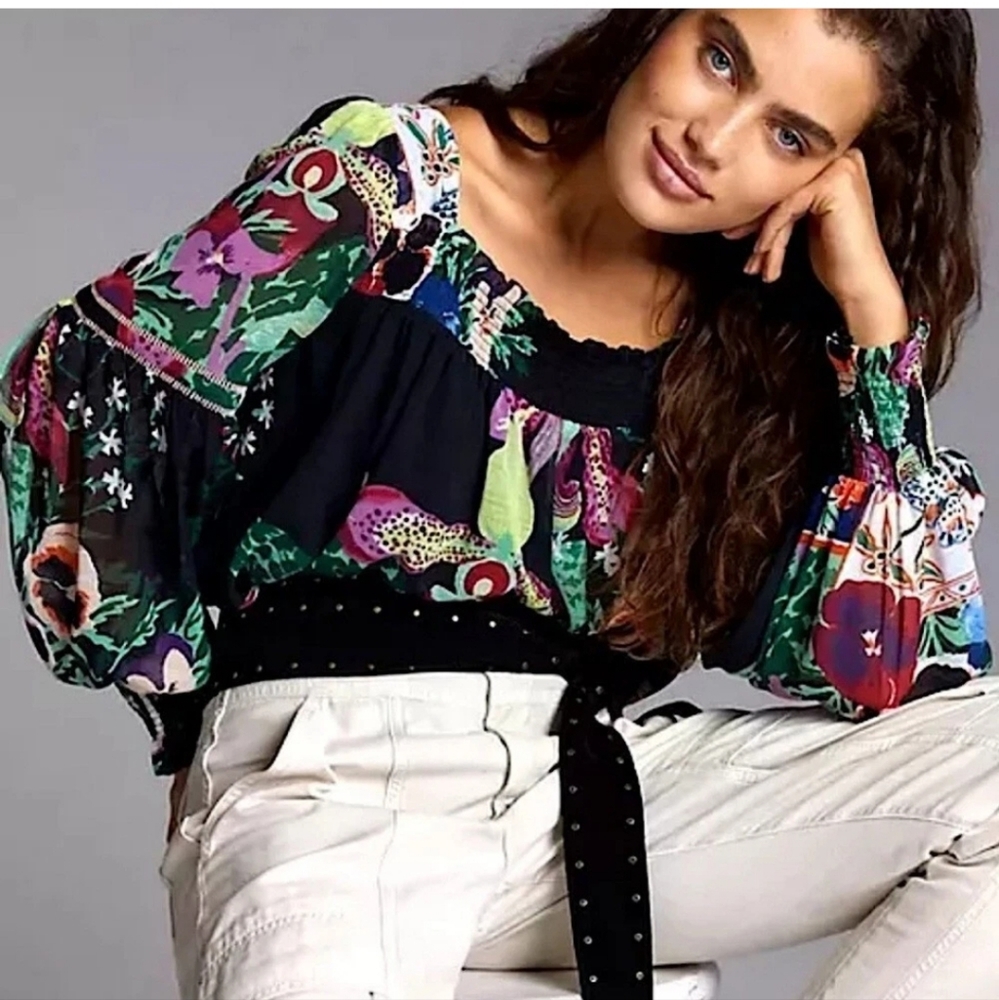 Anthropologie Lil Sire Puff-Sleeved Smocked Floral Sheer Blouse Black‎ Small
